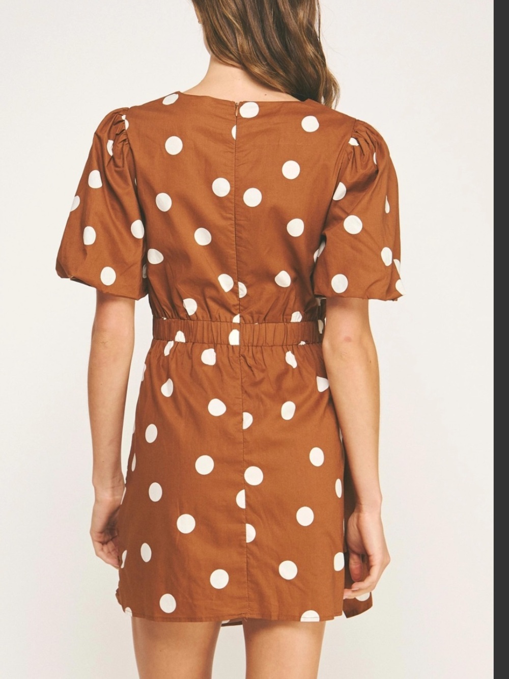 Strut & Bolt Boutique Brown Polkadot Ruched Dress Large NWT Party Puff Sleeve - Picture 4 of 8